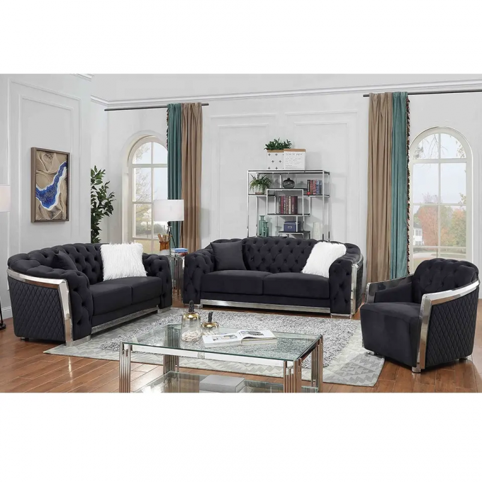 New Design Luxury Living room sofa furniture KD Gold Metal Silver Metal armrest Tufted design 3 2 1 seater high-end sofa 2