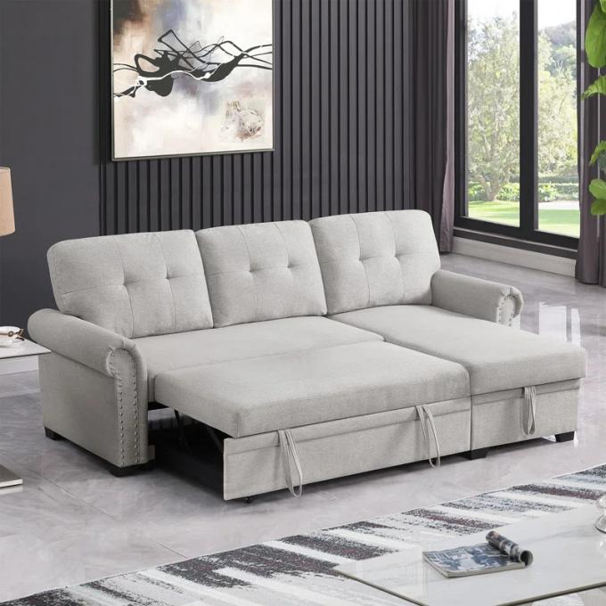 multi-function 2s with bed+chaise with storage light gray linen sofa set bed sofa bed for living room 4