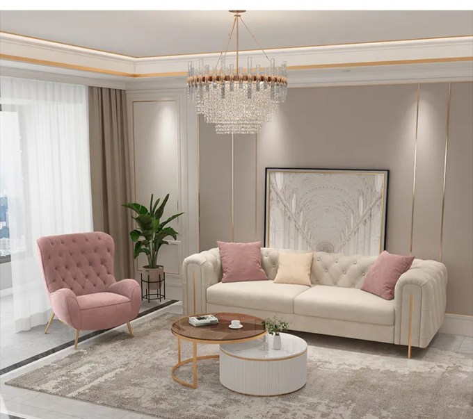 Top grade Dongguan CARA FURNITURE various color gold metal leg tufted velvet gray recliner sofa set 3 2 1 3