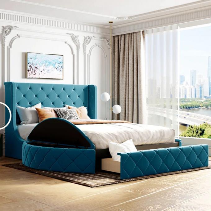 Manufactory furniture SGS report 2m 2.2m king queen navy blue Luxury velvet round storage bed with drawer for hotel 2