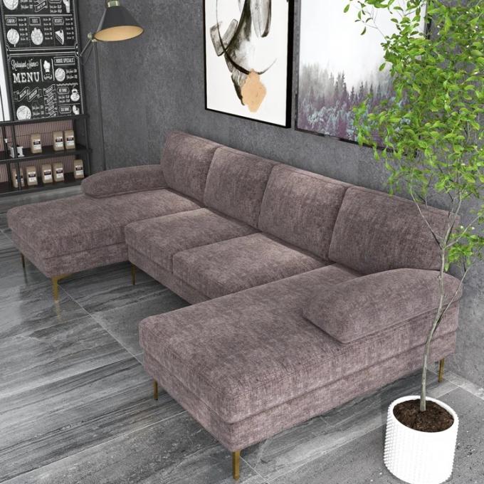OEM ODM Hot selling 4-Piece Upholstered Sectional gray chenille l shaped sofa set living room furniture with gold metall 2