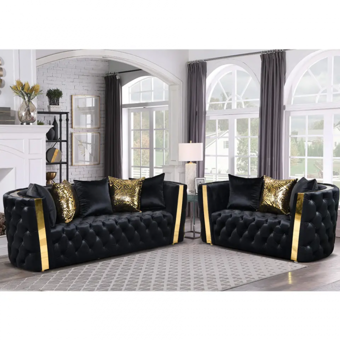 Cara Furniture Beige color Italian Velvet fabric Gold metal armrest corner sofa 3+2+1 Luxury Cheap sofa set 1