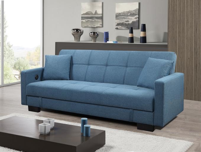 Comfortable blue color modern transformable fabric sofa bed folding futon with USB 1