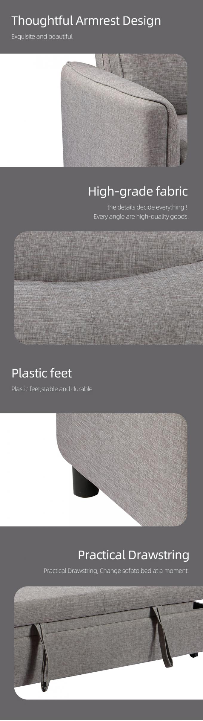 FSC-BSCI assembly functional Convertible linen fabric living room 3seater Upholstered Foldable Sleeper sofas bed with 7