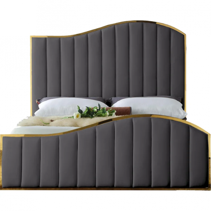 OEM premium bedroom furniture Gray king size bed frame Italian velvet tuft upholstered bed set luxury modern double beds 4