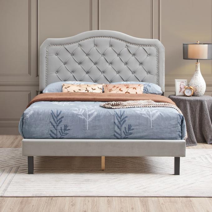 Upholstered Bed Button Tufted with Curve Design - Strong Wood Slat Support - Easy Assembly - Velvet - Platform bed - Que 1