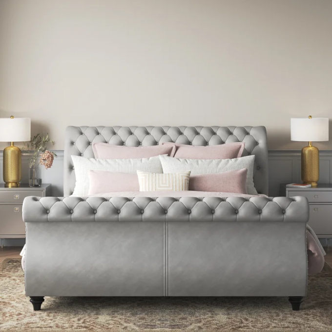 Furniture manufacturer full size bed frame Mod tufted diamond Upholstered Platform Bed Room Furniture Chesterfield bed 3