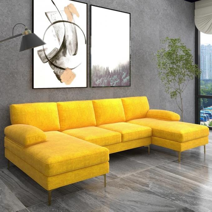 OEM ODM Galvanized Steel leg Ocean Villa yellow chenille u shape sofa set luxury modern sectional corner couch home 4