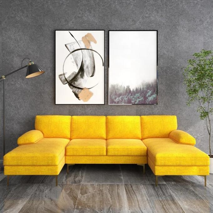 OEM ODM Galvanized Steel leg Ocean Villa yellow chenille u shape sofa set luxury modern sectional corner couch home 3