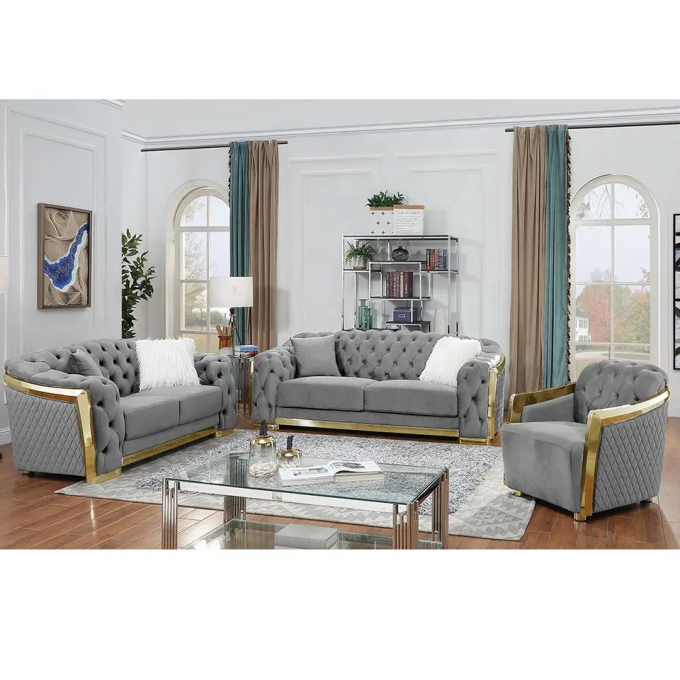 New Design Luxury Living room sofa furniture KD Gold Metal Silver Metal armrest Tufted design 3 2 1 seater high-end sofa 5