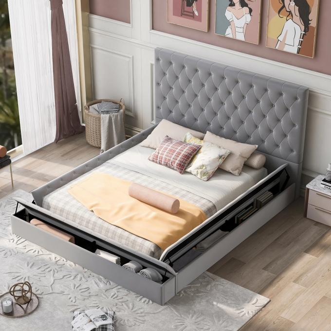 Bed furniture set modern Queen/King size tufts velvet fabric luxury multi functional soft beds for Apartment Hotel  Home 3