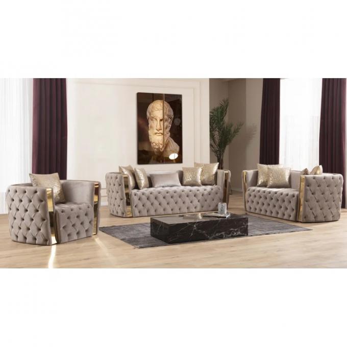 Cara Furniture Beige color Italian Velvet fabric Gold metal armrest corner sofa 3+2+1 Luxury Cheap sofa set 3