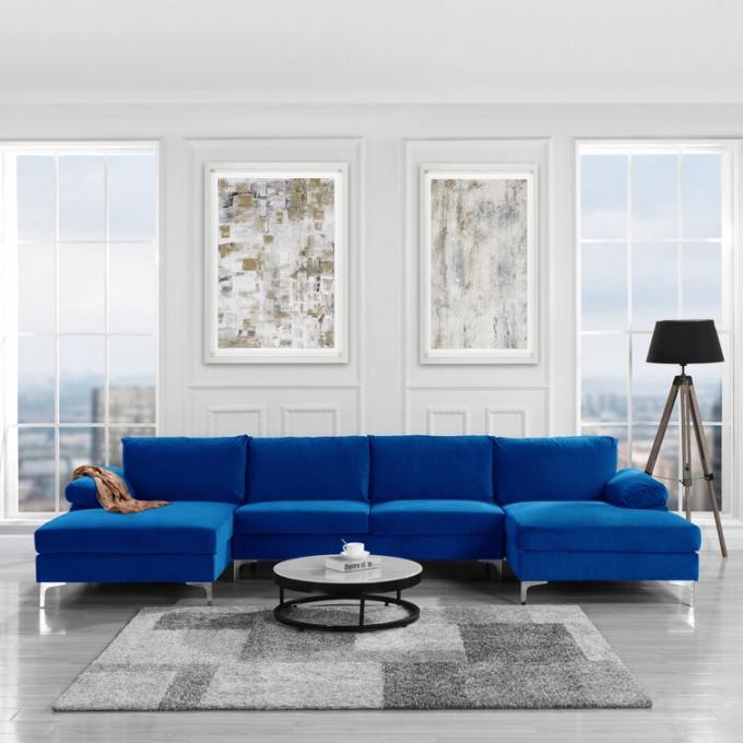 Velvet Chaise Modular Sectional Sofa Anti Abrasion Dark Blue Color 0