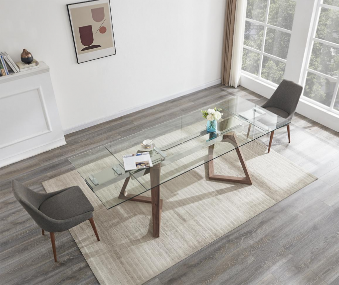 Tempered Glass Top Luxury Modern Dining Table Set Extendable With Walnut Veneer Legs 0