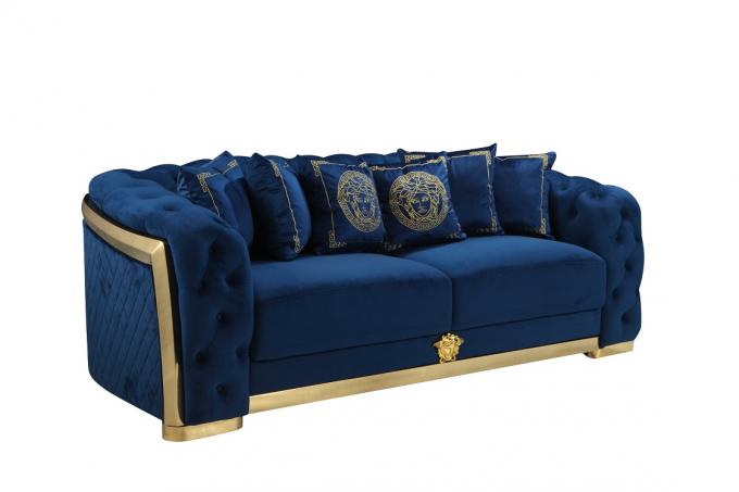 High quality button tufted room furniture sofa set with sliver metal leg 2+3S blue aluminium steel wood luxury sofa set 2