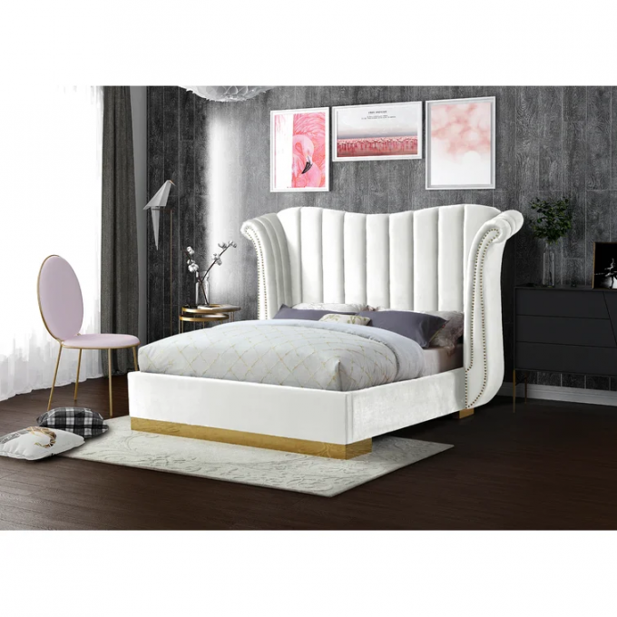 OEM Home Luxury Beds Furnitures King Size white velvet Frame Sets Hotel Queen Room Modern Wooden Bedroom Furniture Set 3