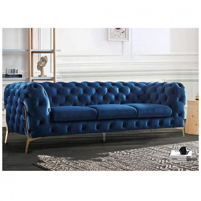 Customized Luxury Italian living room sofa Furniture Tufted 3seater Upholstered Blue color Gold metal legs home Sofa Set 0