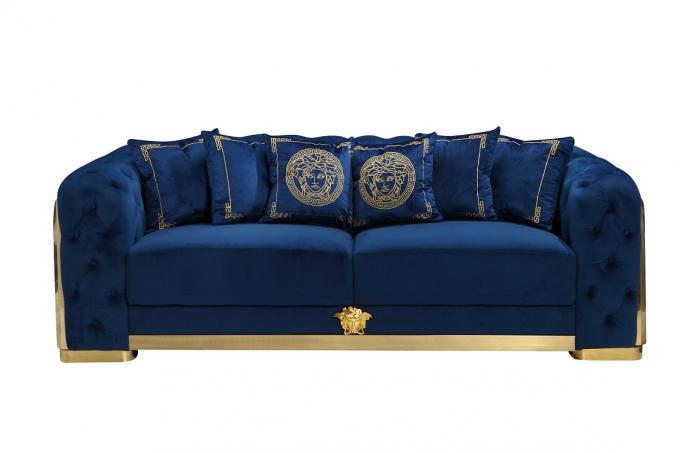 High quality button tufted room furniture sofa set with sliver metal leg 2+3S blue aluminium steel wood luxury sofa set 1
