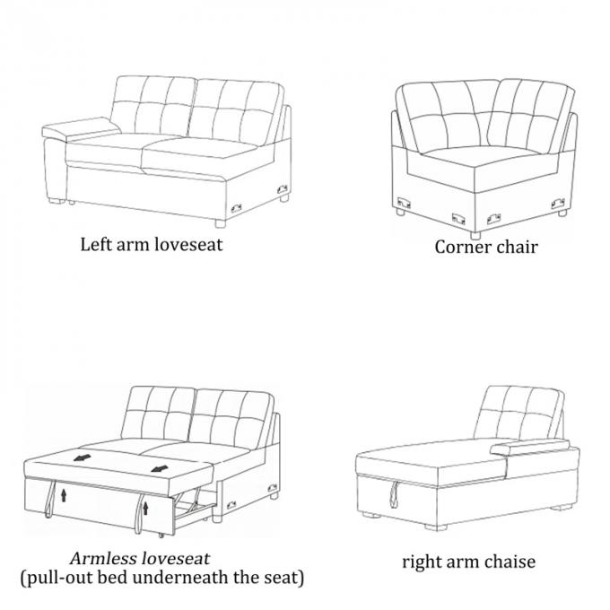 6seater light gray polyester arm loveseat corner chair armless loveseat chaise Upholstered Sectional Sleeper Sofa set 5