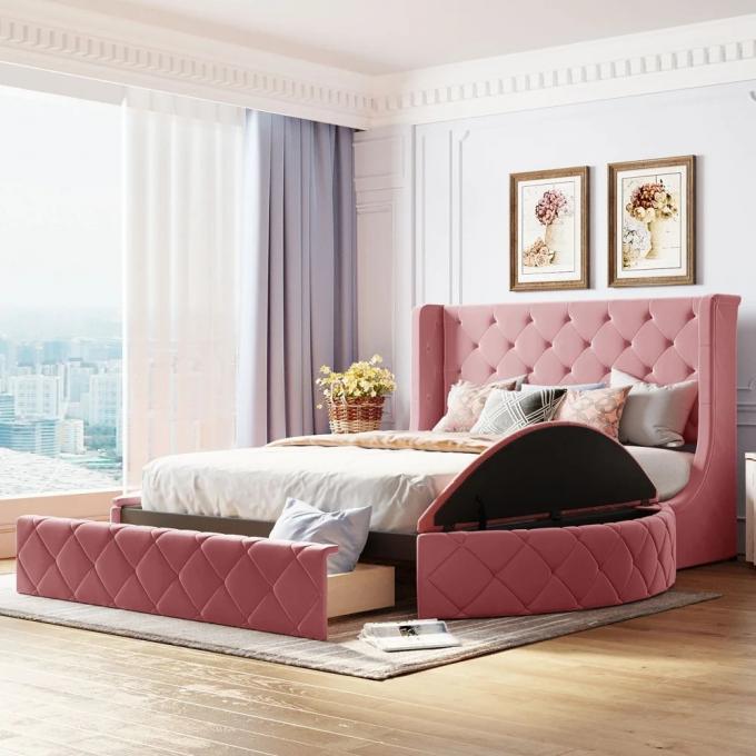 Customized beds luxury velvet beds queen size king size pink color modern functional beds for bedroom for hotel 2