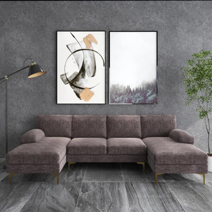 OEM ODM Hot selling 4-Piece Upholstered Sectional gray chenille l shaped sofa set living room furniture with gold metall 5