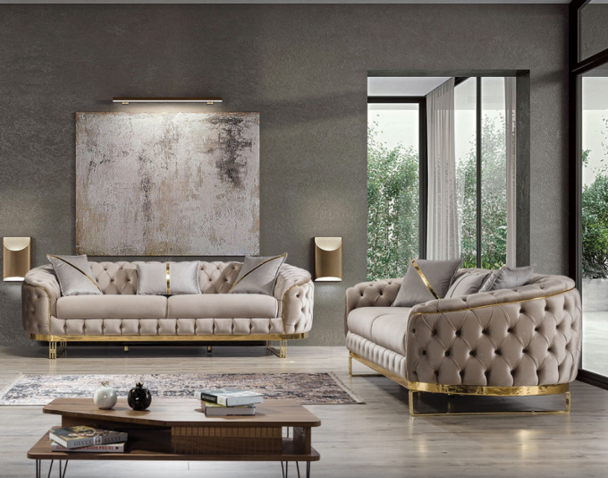 Luxury Beige Sofa Set Furniture Velvet 1 2 3 Seat Gold Stainless Steel Living Room Sofas 1