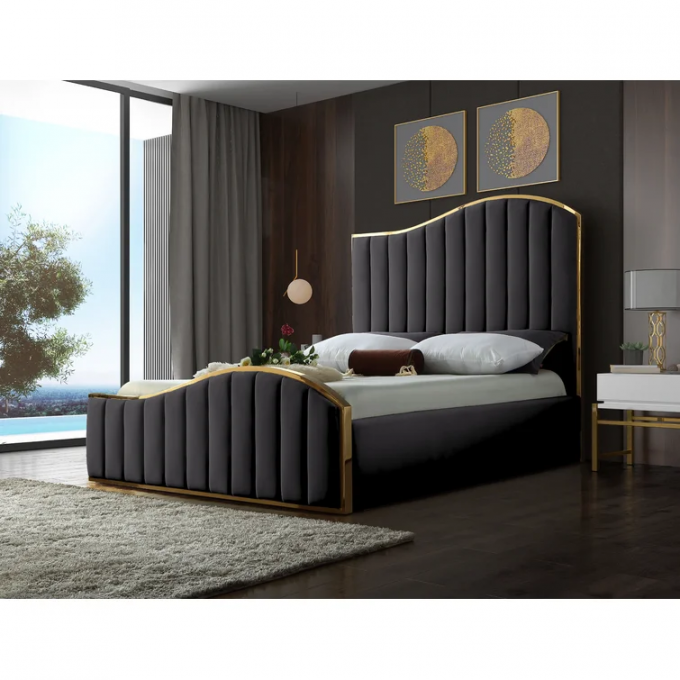 OEM premium bedroom furniture Gray king size bed frame Italian velvet tuft upholstered bed set luxury modern double beds 2
