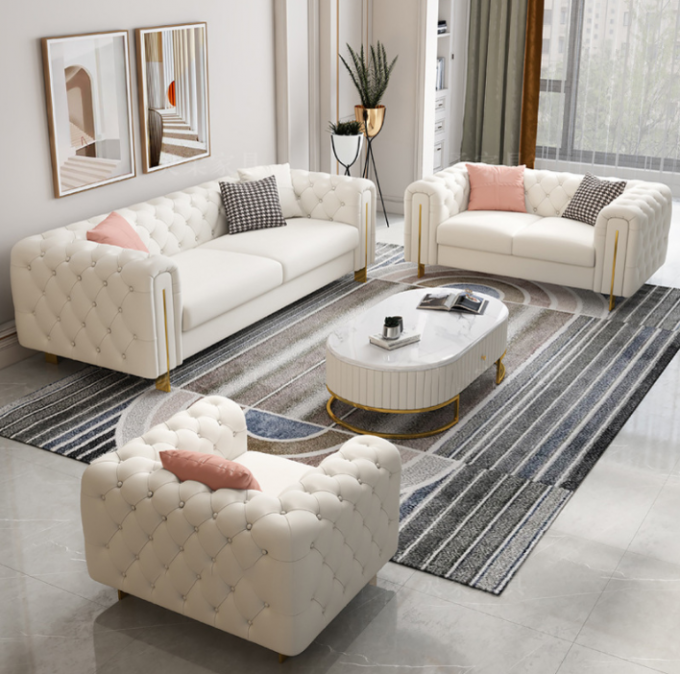 Luxury Beige Sofa Set Furniture Velvet 1 2 3 Seat Gold Stainless Steel Living Room Sofas 2