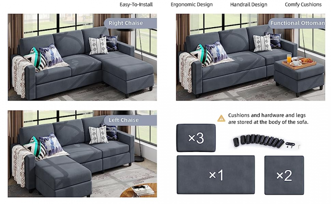 Apartment Modular Sectional Couch L Shaped Stain Resistant Convertible 2