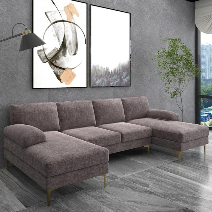 OEM ODM Hot selling 4-Piece Upholstered Sectional gray chenille l shaped sofa set living room furniture with gold metall 3