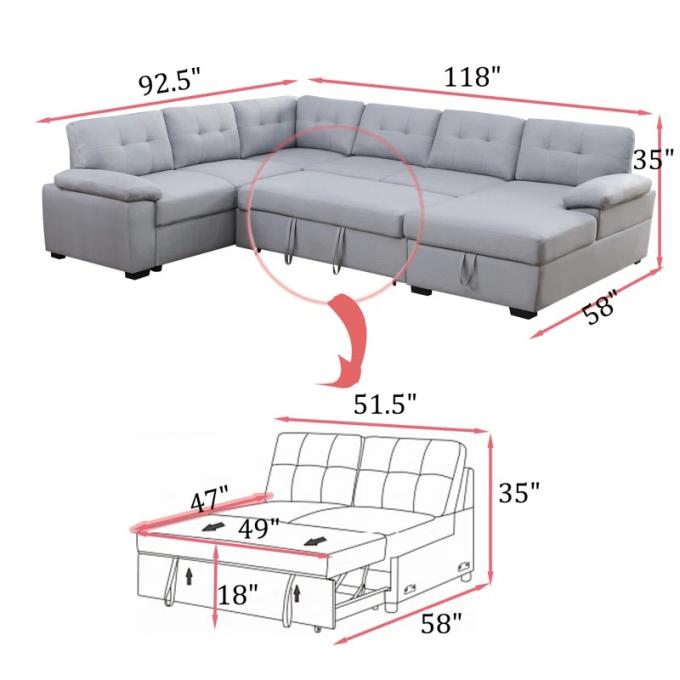 6seater light gray polyester arm loveseat corner chair armless loveseat chaise Upholstered Sectional Sleeper Sofa set 6