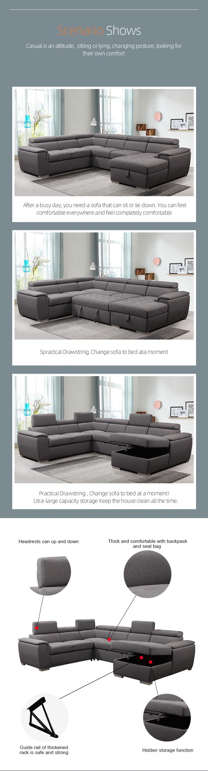 Customized Hot sale furniture living room sofa set modern u shaped sectional sofa w/pull out bed and storage chaise 2
