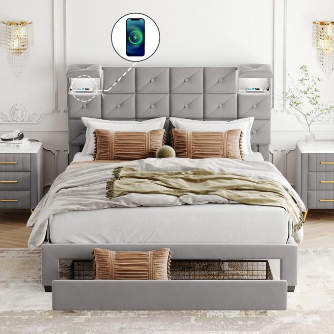 Nordic style solid dry strong wood frame upholstered bed big drawer storage function Queen bed king bed for Bedroom 2