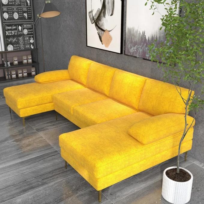 OEM ODM Galvanized Steel leg Ocean Villa yellow chenille u shape sofa set luxury modern sectional corner couch home 2