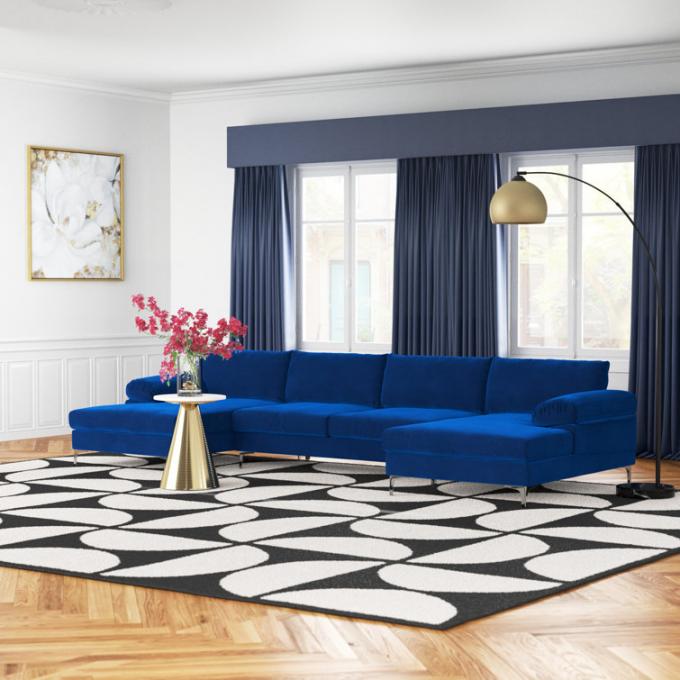 Velvet Chaise Modular Sectional Sofa Anti Abrasion Dark Blue Color 1