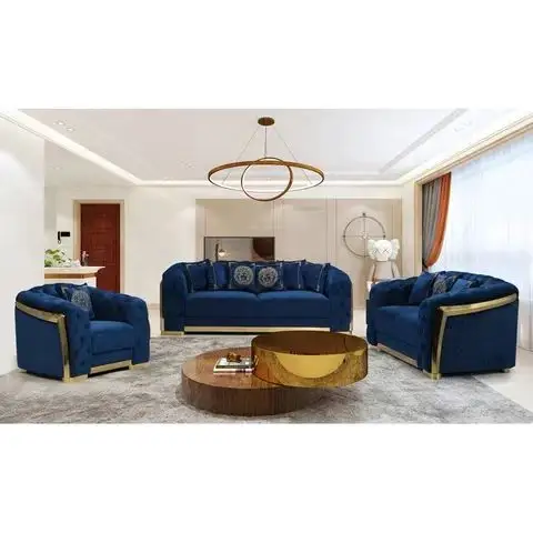 New Design Luxury Living room sofa furniture KD Gold Metal Silver Metal armrest Tufted design 3 2 1 seater high-end sofa 4