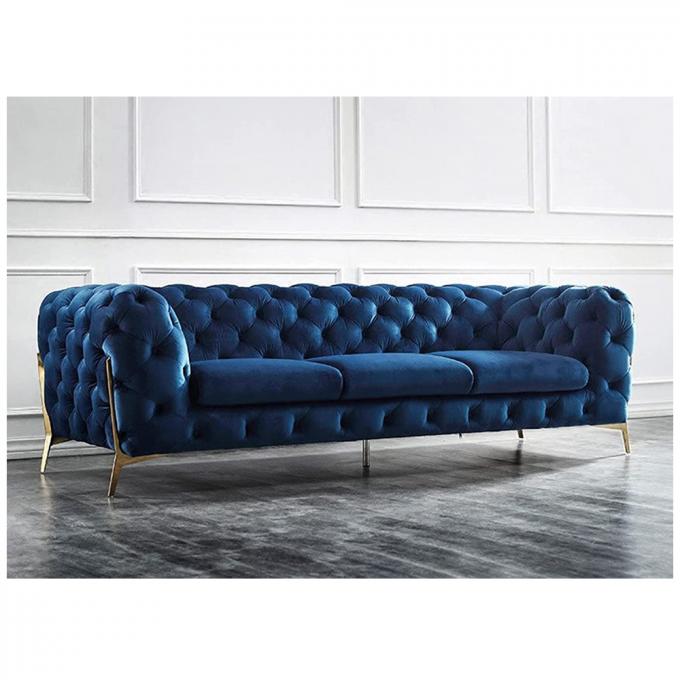 Customized Luxury Italian living room sofa Furniture Tufted 3seater Upholstered Blue color Gold metal legs home Sofa Set 1
