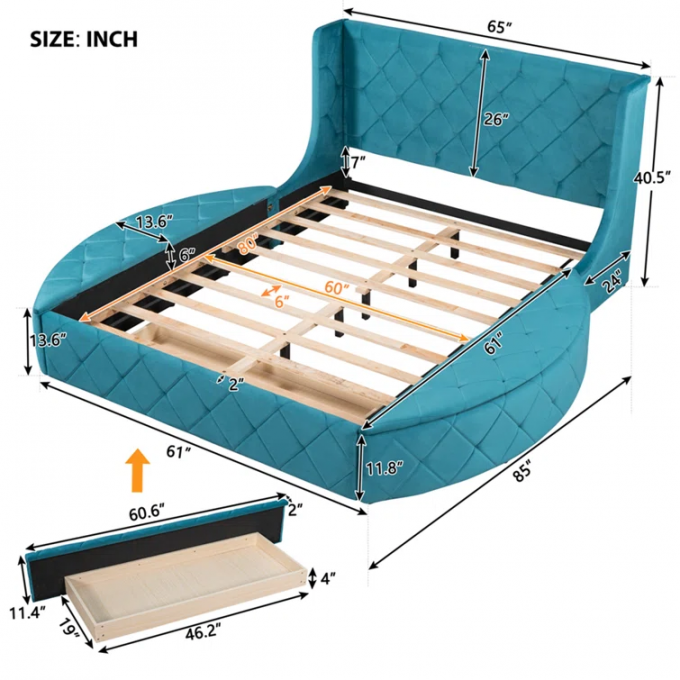 Manufactory furniture SGS report 2m 2.2m king queen navy blue Luxury velvet round storage bed with drawer for hotel 6