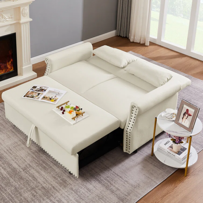 BSCI-FSC factory new Beige Fabric lhand tufted hand-applied nailhead oveseat living room sofa bed sets 2