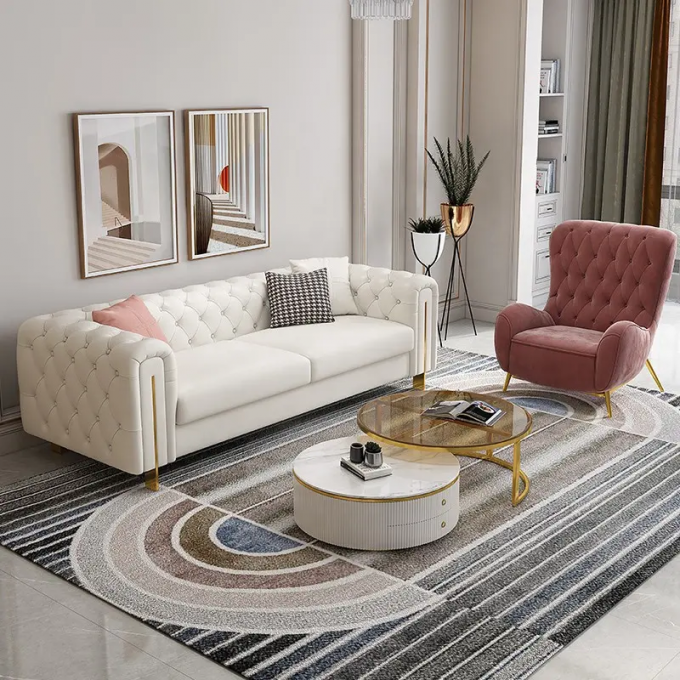 Top grade Dongguan CARA FURNITURE various color gold metal leg tufted velvet gray recliner sofa set 3 2 1 2
