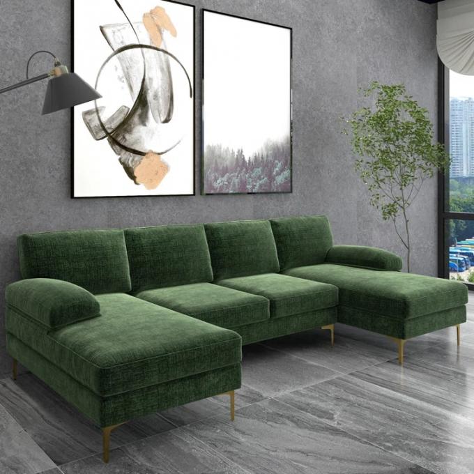 Wholesale Modern Design Living Room Chenille convertible Sectional Sofas European Style green U Shaped Corner Sofa Set 2