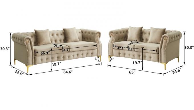 Light tufted Luxury Beige Sofa Set Furniture Velvet 1 2 3 Seat Honeycomb Stainless Steel Living Room Sofas For Home Hote 1