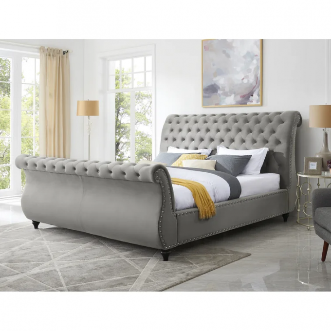 Furniture manufacturer full size bed frame Mod tufted diamond Upholstered Platform Bed Room Furniture Chesterfield bed 4