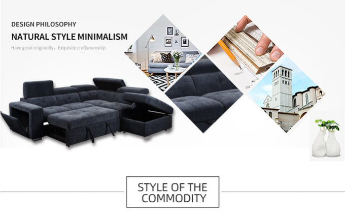 European new arrival dark blue single futon with storage 2seater+chaise chenille fabric shaped sleeper sofa bed sofa cum 3