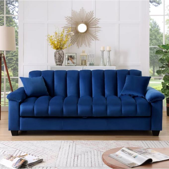Large loading easy to hand-assembled Loveseat Sleeper blue velvet hotel reconfigurable sofa bed with storage 2