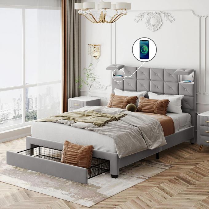 Nordic style solid dry strong wood frame upholstered bed big drawer storage function Queen bed king bed for Bedroom 1