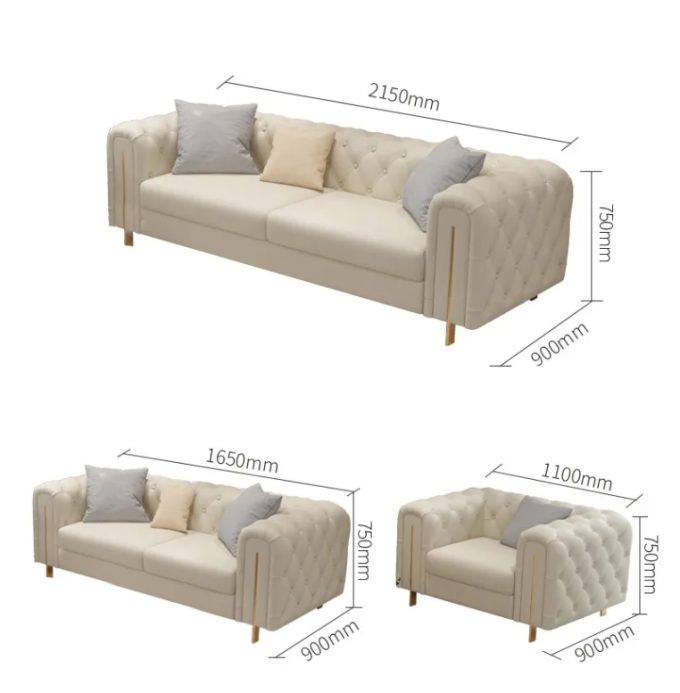 Top grade Dongguan CARA FURNITURE various color gold metal leg tufted velvet gray recliner sofa set 3 2 1 6
