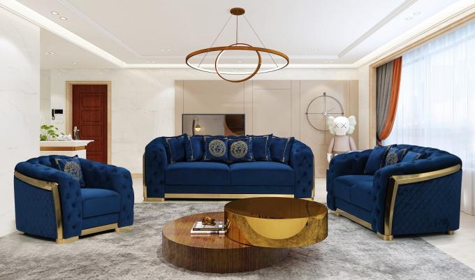 High quality button tufted room furniture sofa set with sliver metal leg 2+3S blue aluminium steel wood luxury sofa set 7