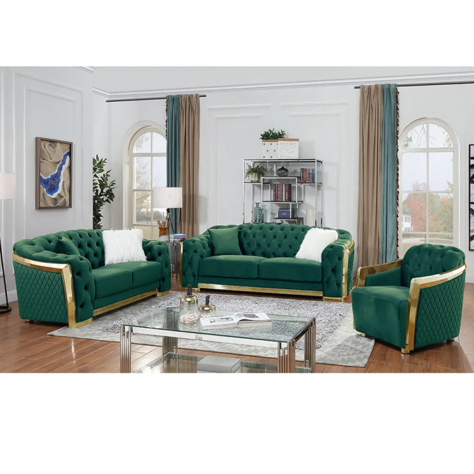 New Design Luxury Living room sofa furniture KD Gold Metal Silver Metal armrest Tufted design 3 2 1 seater high-end sofa 1