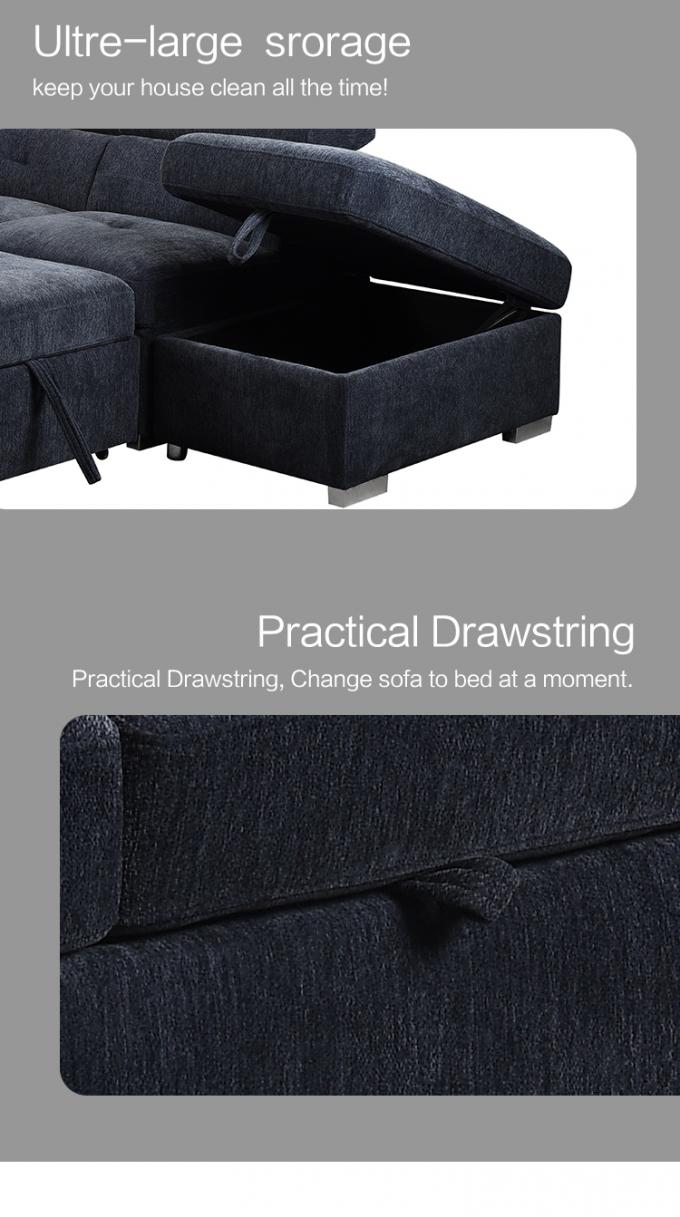 European new arrival dark blue single futon with storage 2seater+chaise chenille fabric shaped sleeper sofa bed sofa cum 7
